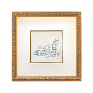 Toile: Child Pulling Wagon in Blue